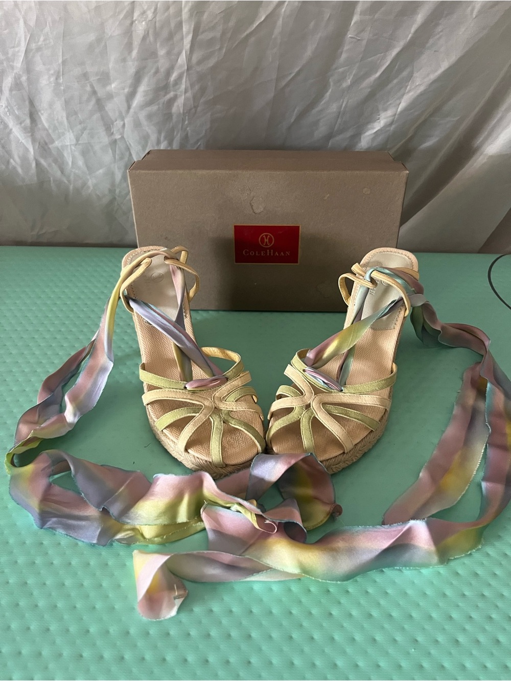 Cole Haan Meadow Ribbon Espadrille Wedge Sandals w/Pastel Ribbon Ties Size 9.5
